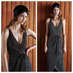 Bec + Bridge Dress Magic Night Wrap Midi in Jersey Black Silver Striped
